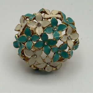 Elegant Gold-tone Turquoise & White Flower Floral  Rhinestone  Ring Bouquet